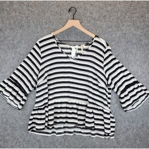 Grand & Greene Top Womens 1X Black White Striped Ruffle Flare Sleeve Bow